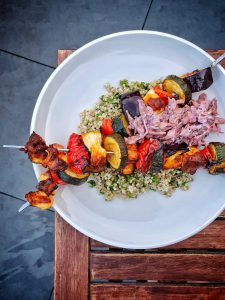 Halloumi-and-Vegetable Skewers with Pomegranate-Tahini Sauce