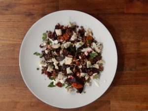 Roasted vegetable, lentil, pecan and Gorgonzola salad