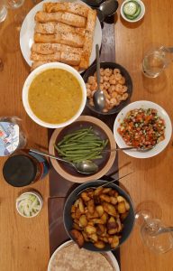 Roast salmon and dhal with spiced potatoes