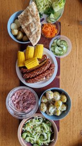 Bratwurst and salads