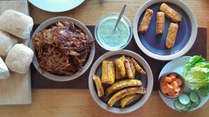 Onion bhaji burgers with masala corn ribs