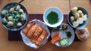 Pea and tenderstem potato salad with salmon