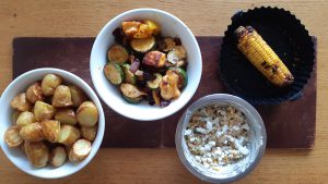Deconstructed vegetable kebabs with Mexican corn salad