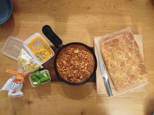 Chicken chorizo and bean stew with focaccia