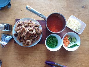 Bread gnocchi with chorizo tomato sauce