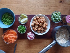 Crispy sesame and chilli tofu poke bowls