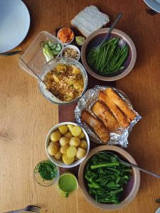 Salmon with spicy herby potato salad