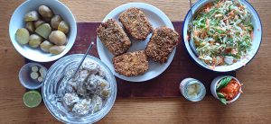 Sesame and curry crusted tofu with pickled ginger slaw