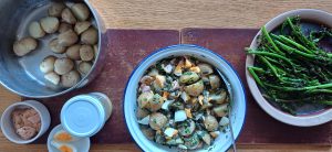 Hot smoked salmon potato salad