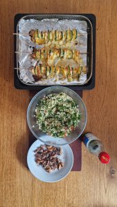 Harissa and lemon halloumi and courgette kebabs