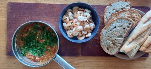 Lemon garlic chilli prawns with smoky beans