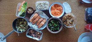 Baked salmon with spicy herby potato salad