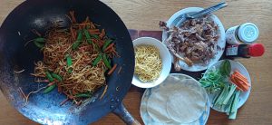 Duck pancakes with veg chow mein