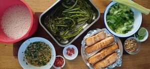 Roast salmon and broccoli lime peanut and chilli dressing